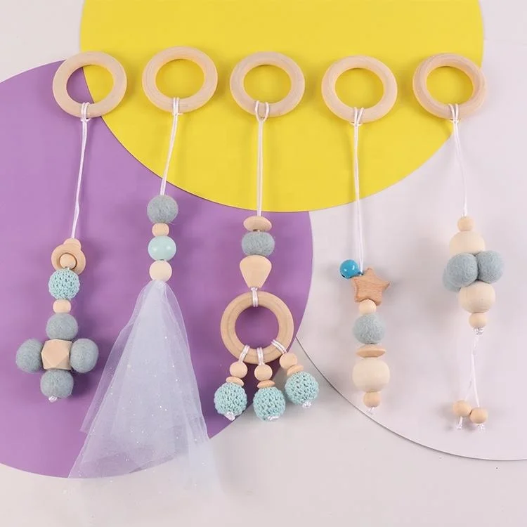 New design 5 piece set colorful felt ball wool beads baby play gym activity soft wooden toys for children