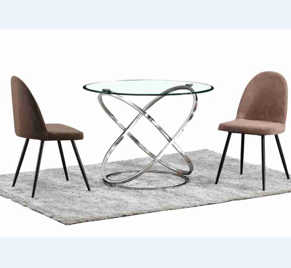 Restaurant kitchen glass top round dining tables stainless steel base furniture
