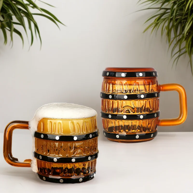 Fashion Hot Selling 470ml Creative Design Wooden Barrel Shape 16oz Milk Beverage Glass Beer Mug Cup With Handle