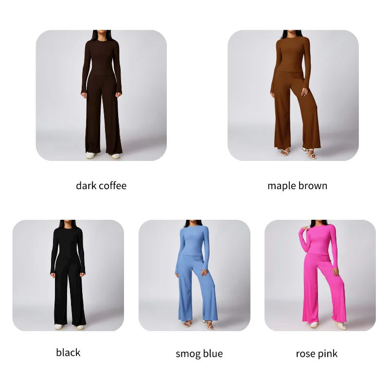 Wholesale Ribbed Sport Sets Loose Casual Pants Slim Long Sleeve T Shirts Sets Gym Clothing For Women Sports Sets