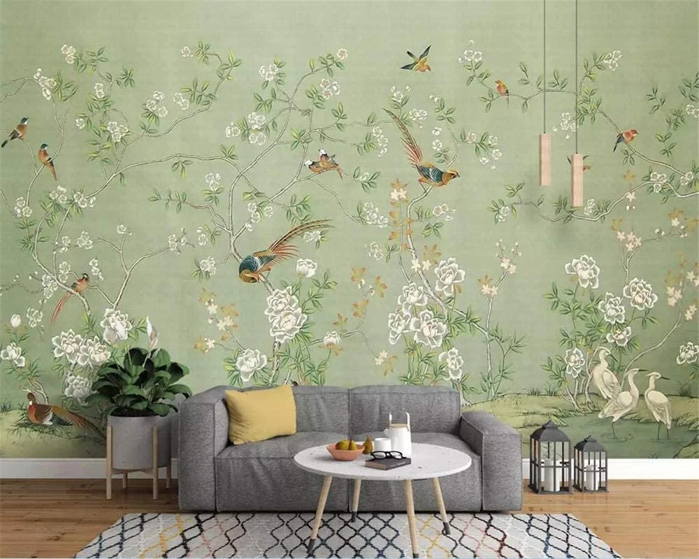 Mural Wallpaper New Chinese Style HandPainted Pen Flower Nostalgic Pastoral Mural Background wallpaper