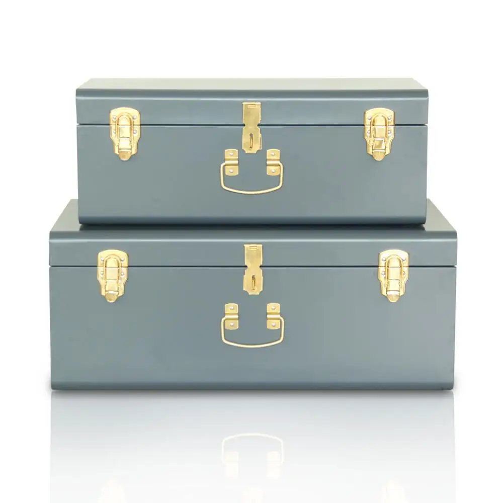Metal Trunk set of 2 Dark Grey  metal steel household storage trunk set lockable and decoration with Gold handles Living room