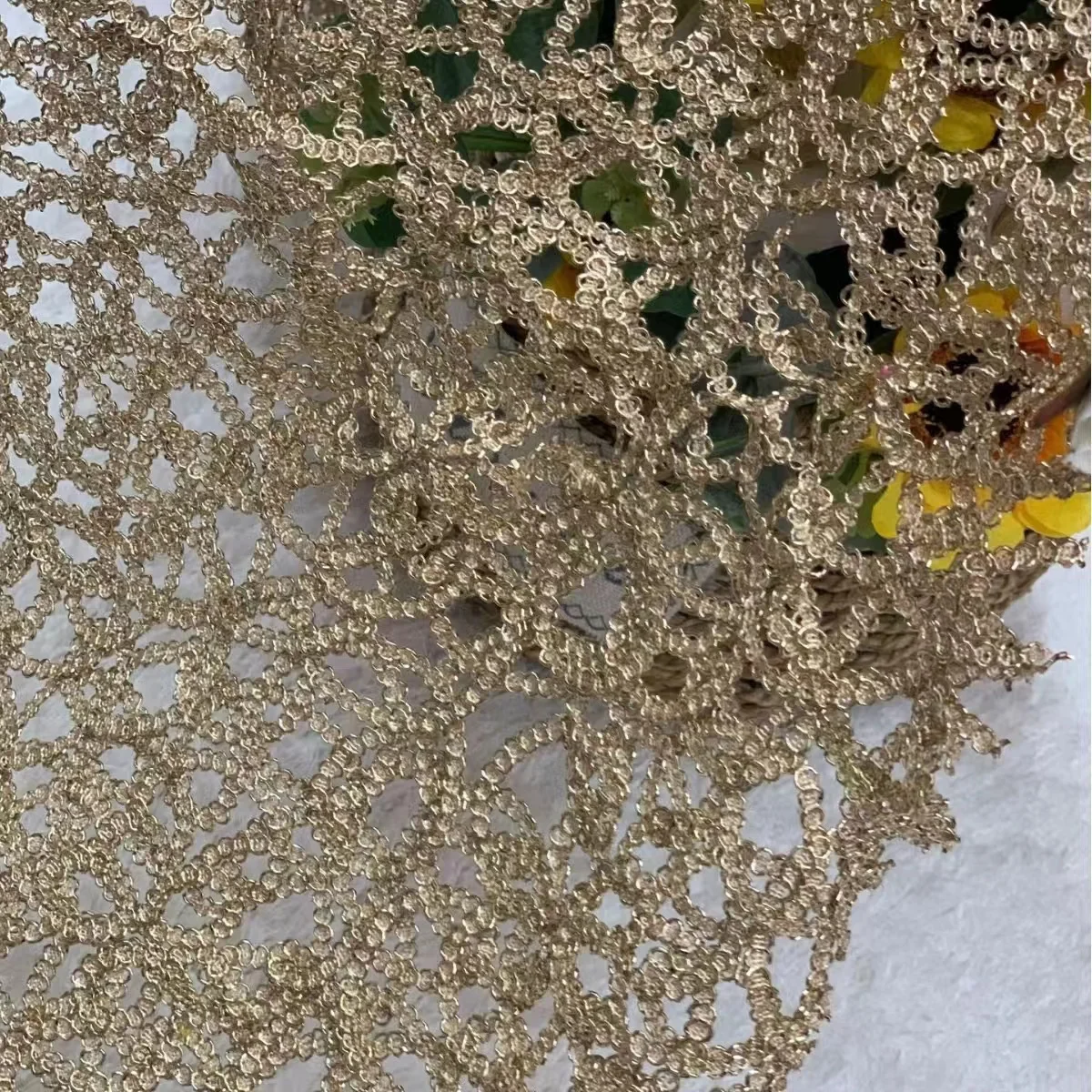 newest designed 3d ribbon chemical embroidery silver and gold table overlay for wedding order free sample swatch