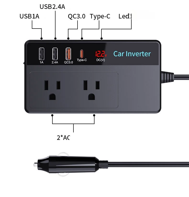 Car 12v to 22v Car Inverter 200W PD 20W QC3.0 Charger Inverter