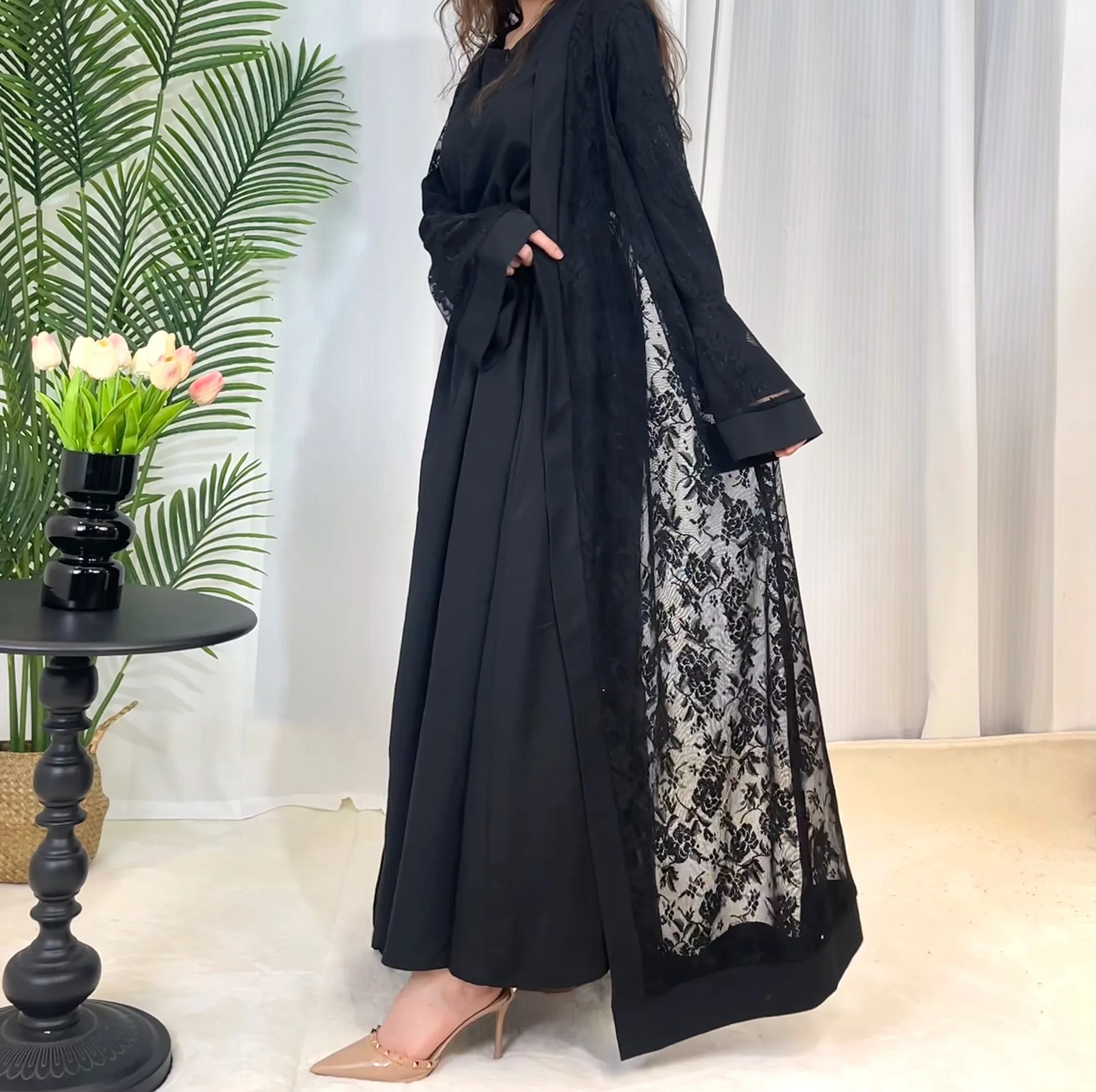 Eid Islamic Lace Flower Party Solid Color Flared Sleeve Robe Abaya Dubai 2023 Manufacturer Muslim Cardigan Two Piece Set