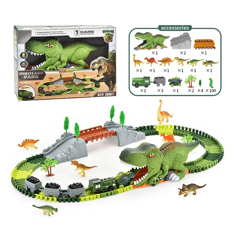 Diy 121 Pcs Dinosaur Race Toy 360 Loop Slide Track Freewheel Diecast Car Double Sliding Track Mini Dinosaur Slot Toy For Kids