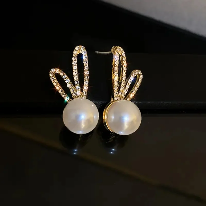 Adorable Rabbit Design Stud Earrings With Faux Pearl Elegant Jewelry Accessories