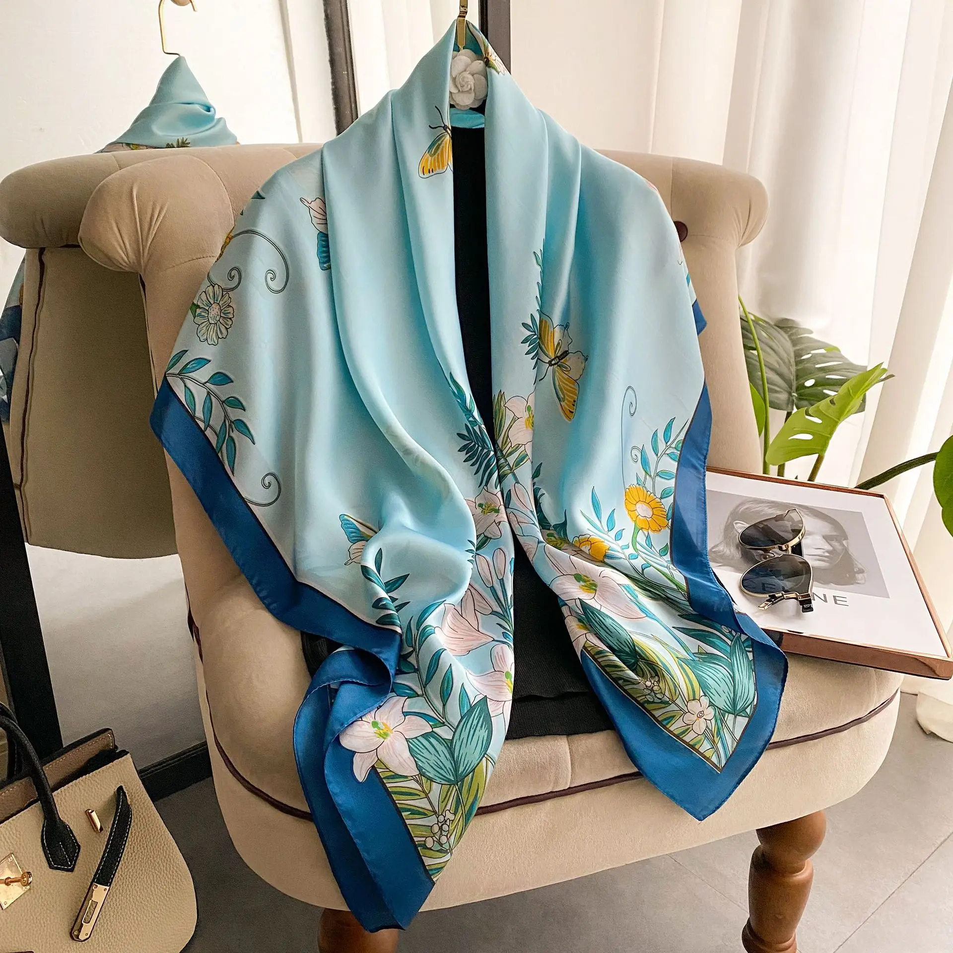 Wholesale 110cm Luxury Silk Modal Scarf Scarves Square Vintage Shawl Satin Silk  Head Scarf Custom Printing for women