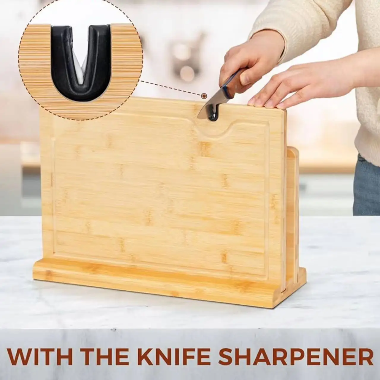 Combohome Wholesale Price Natural Bamboo Cutting Board Chopping Board with Juice Groove and Knife Sharpener
