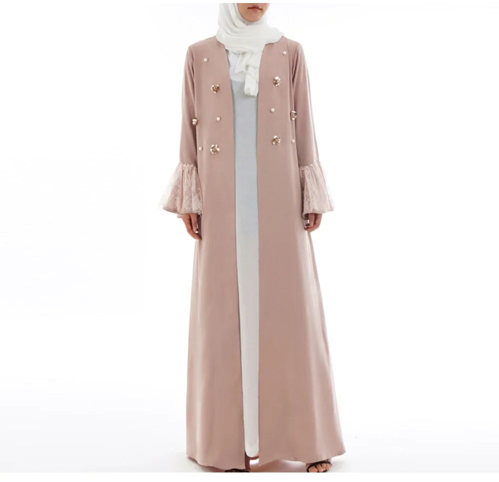 Simple Ruffle Sleeves Embroidery Open Abaya For Muslim Women Stylish Pearl Bead Lace Trim Abaya Muslim Dress For Women Dubai