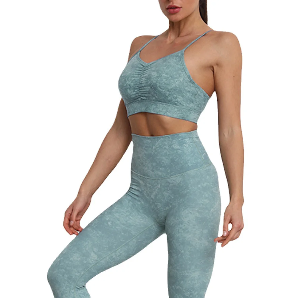 Aoyema Custom Logo Yoga Sets Training Wear Workout Strength Marble Pattern Push Up Sports Bra Seamless Leggings Gym Fitness Sets