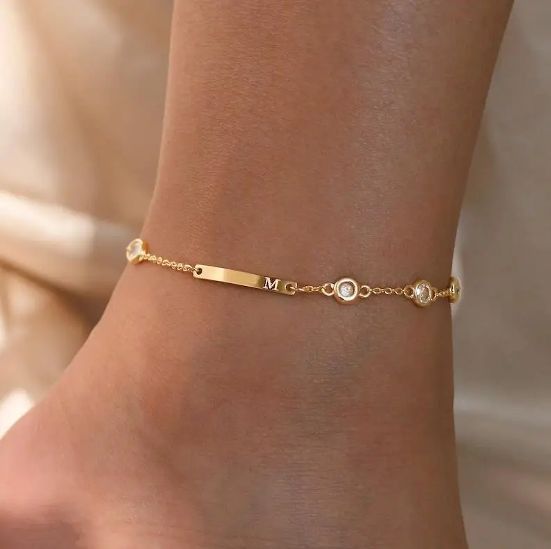 Stainless Steel Zircon Anklets Bracelet 18K Gold Plated Engravable Blank Bar Ankle Chain Foot Jewelry Anklet