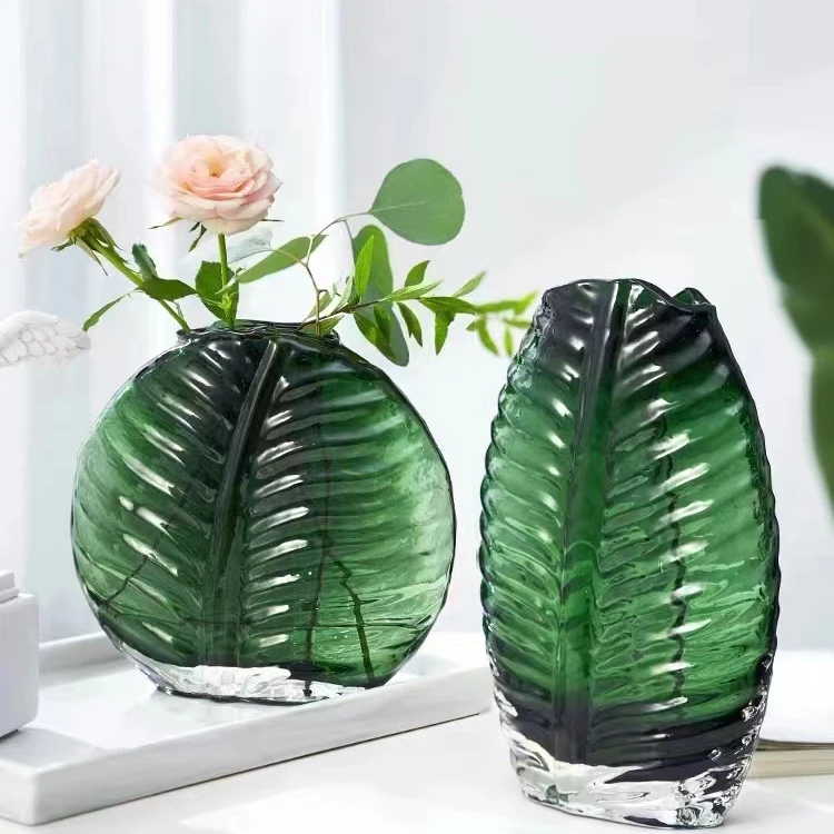 Green Creative Palm Leave Shape Glass Flower Vase for Dry Flower or Fresh Flower Home Table Decor