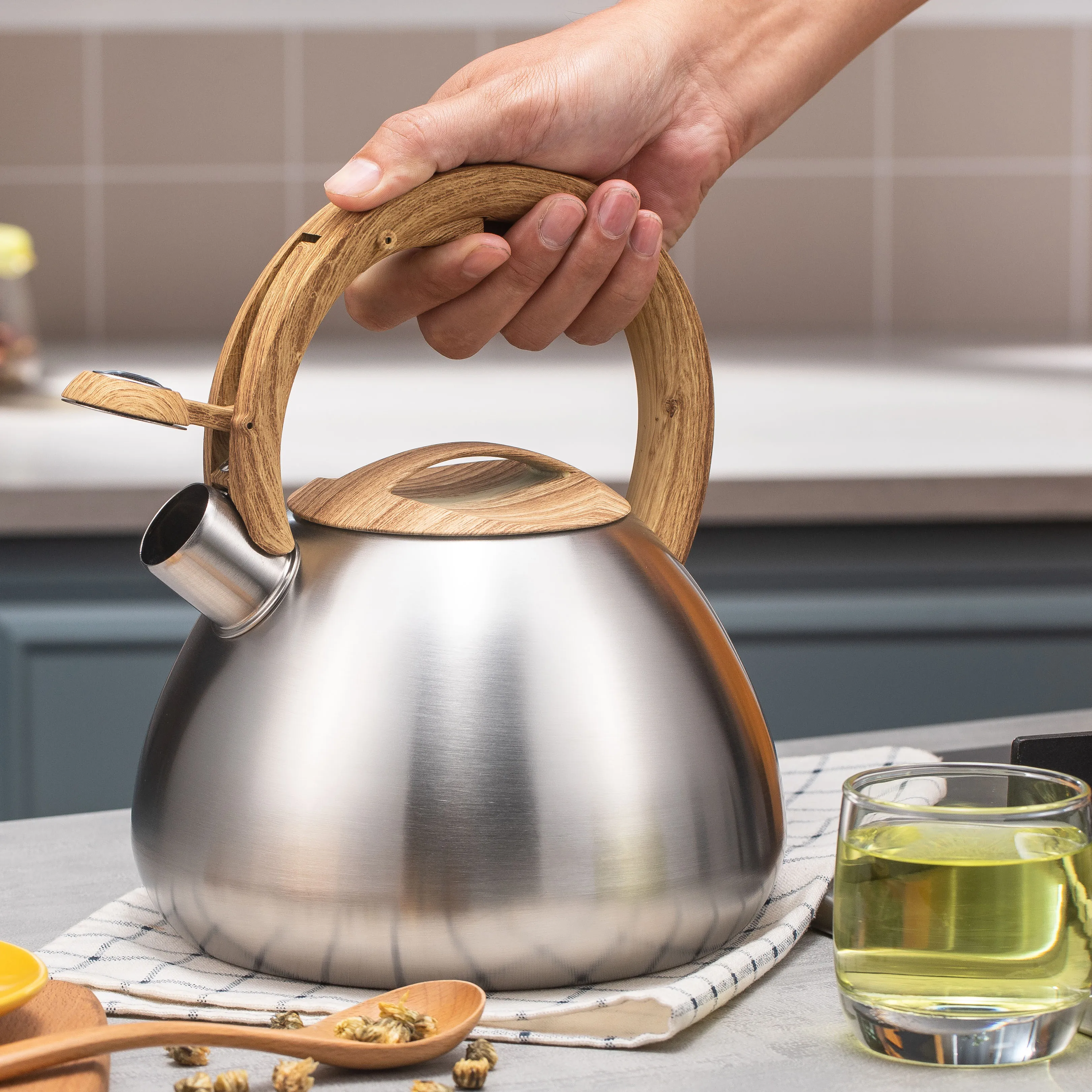 Home Water Kettle Wooden Handle Stovetop Teapot Kitchen Stainless Steel Whistling Tea kettle