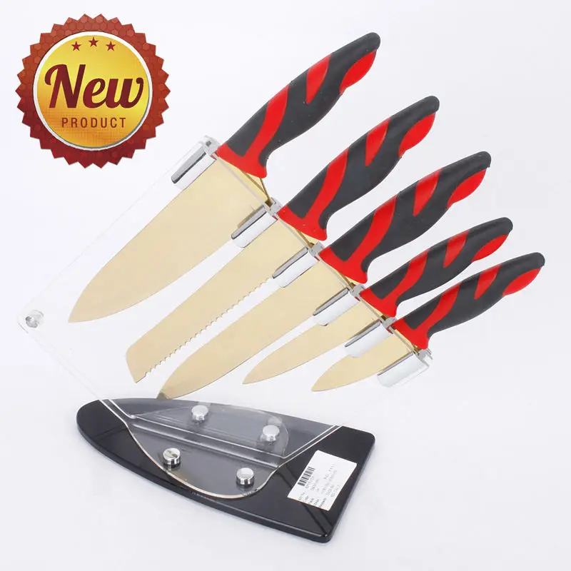 Gold Plated PP and TPR Soft Touch Handle 5pcs Cutlery Kitchen Knife Set Titanium Knife With Blister Card Packing
