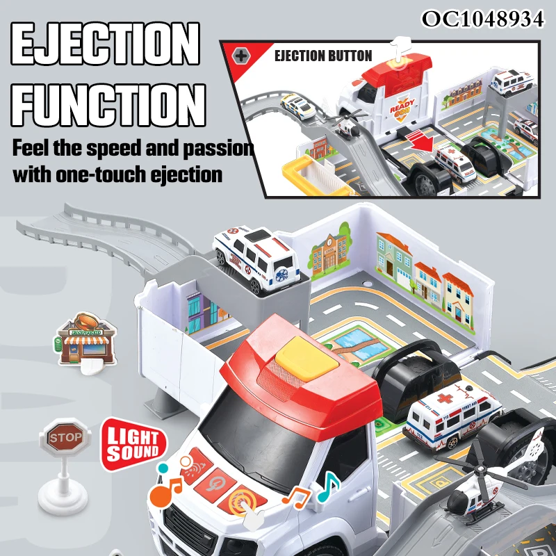 32pcs Ambulance deformed car track and parking lot garage toy set with light sound