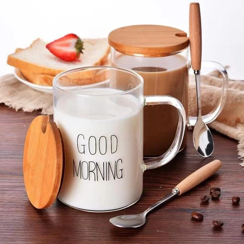 16oz Sublimation Glass Cup with Handle Blank Transparent Glass Mug with Bamboo Lid and Spoon Coffee Milk Juice Tea Cup