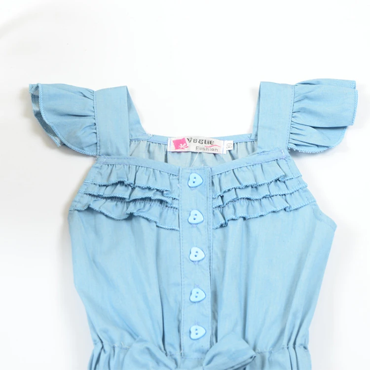 Hot Selling Summer Child Clothing Sweet Blue Ruffles Kids Girls One Piece Jumpsuit With Belt