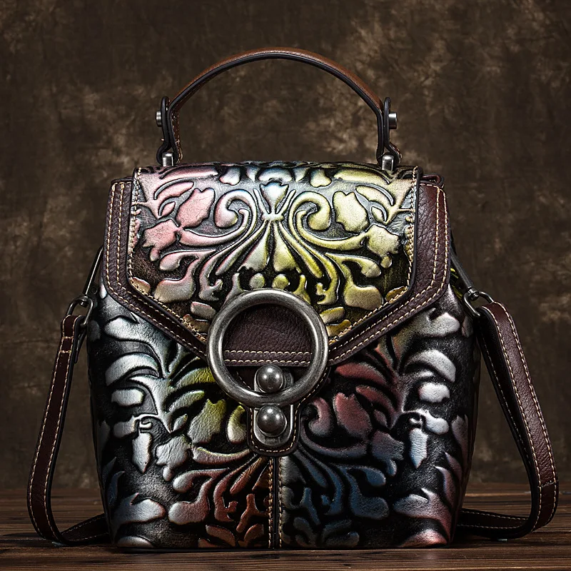 
First Layer Cowhide Leather Embossed Flower Single Shoulder Messenger Bags Women Vintage Designers Handbags 