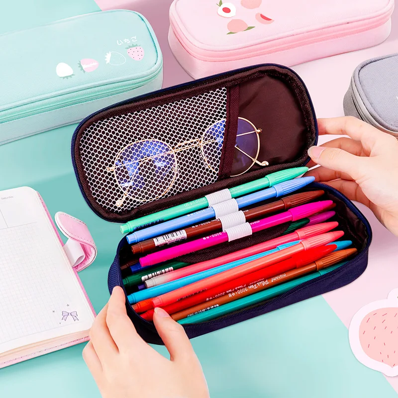 Large-capacity pencil case with handle creative and multifunctional double-layer cute school pencil case for girls