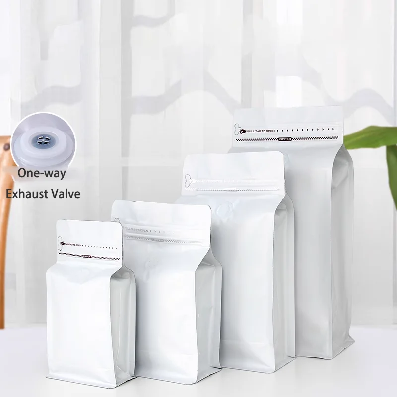 Biodegradable Custom Printed White Tea Coffee Bean Flat Bottom  Gusset Coffee Packaging Bags Coffee Bags with Valve and Zipper