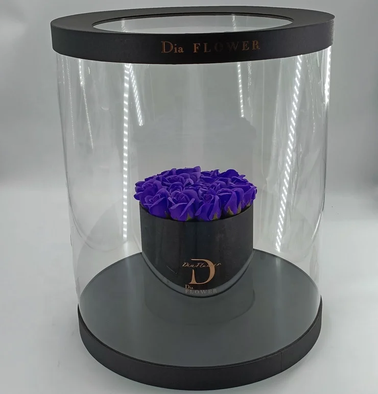 Custom luxury transparent delivery clear round flower PVC display packaging black paper gift boxes