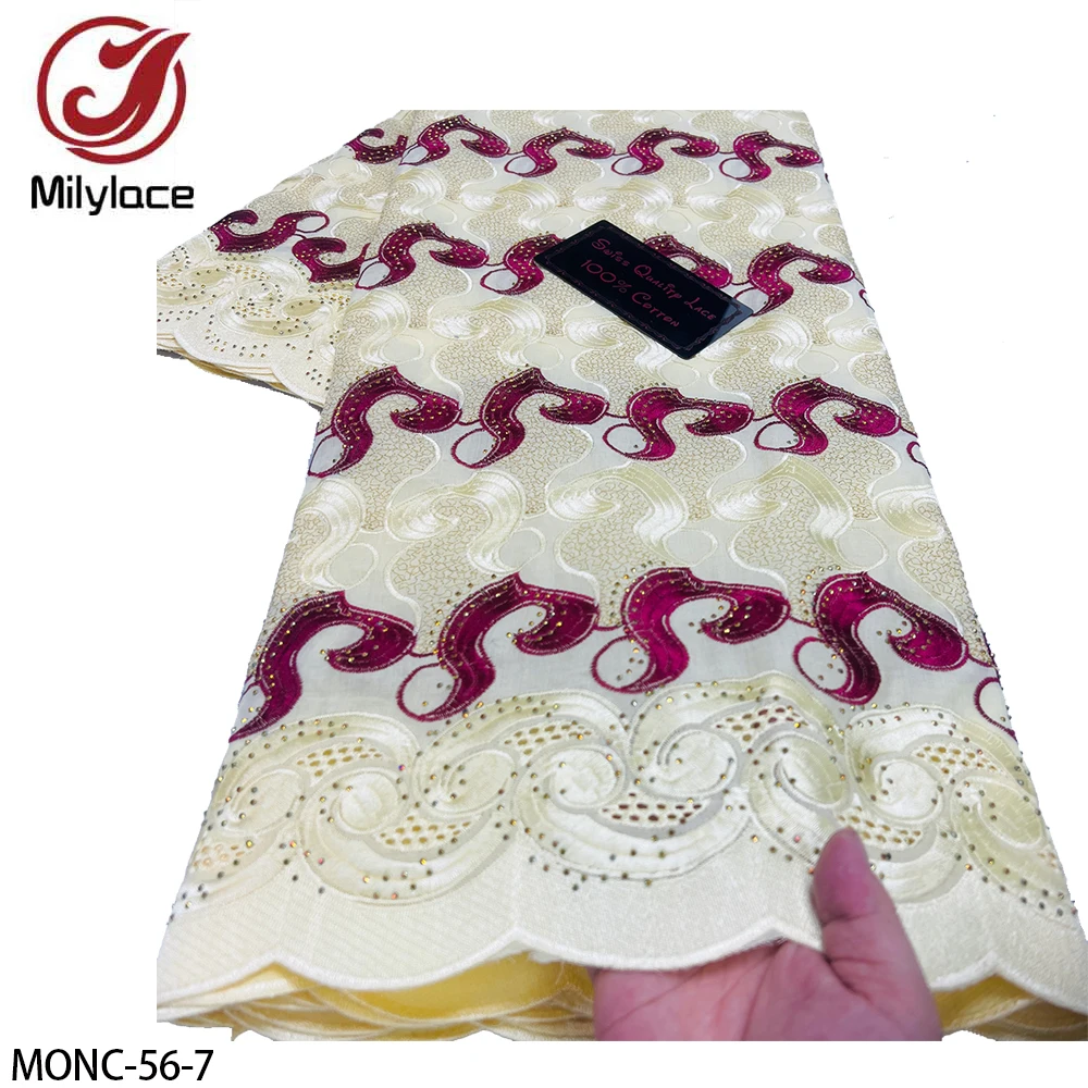African High Quality Embroidery Flower Trim 100% Cotton Swiss Cotton Voile Lace Fabric with Stones