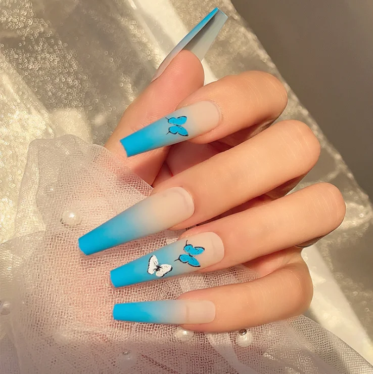 wholesale 24/pcs Long Coffin Press On Artificial full cover Luxury Colorful Blue butterfly matte press on