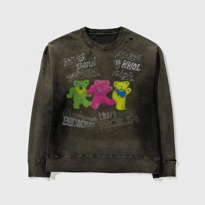 Custom Logo Design Vintage Graffiti Print Streetwear Paint Distressed Hoodie Round-Neck Sweatshirt