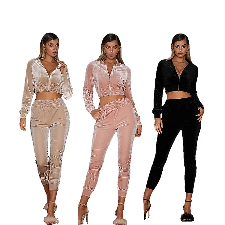 Winter ladies high quality velvet fabric suit ladies solid color zipper sweater sports trousers two-piece sportswear suit