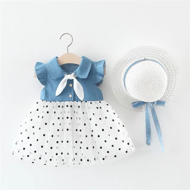 2021 Fashion Spring And Summer Denim Splicing Dotnet Send A Hat Foreign Trade Gauze Skirt Bow Skirt Girls Children Skirt