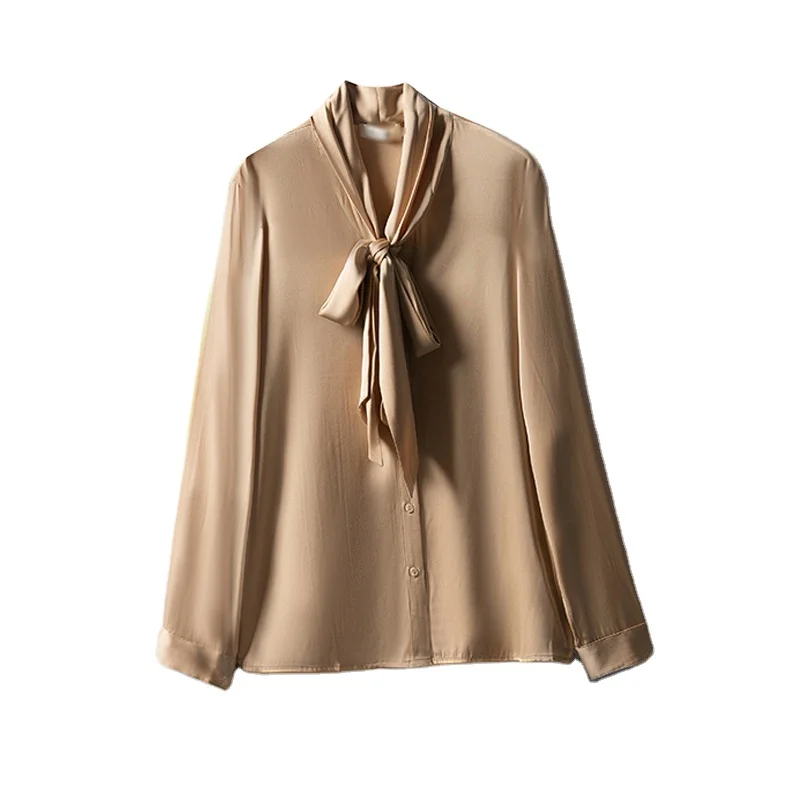 Oeko-tex Charmeuse Silk Shirt Bow Tie Double Georgette Satin Silk Blouse for Women