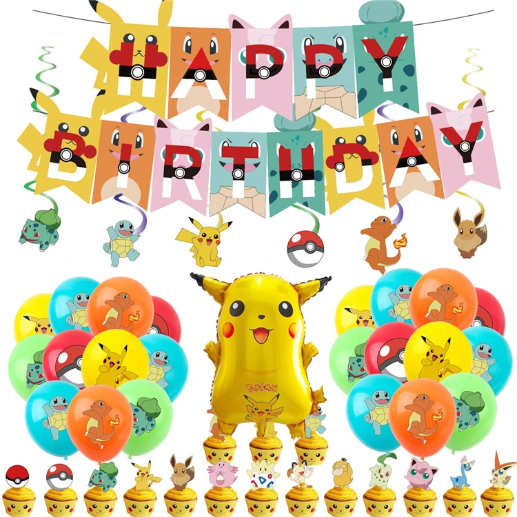 High Quality Anime Children Gifts Pikachu Cartoons Movie Figure Birthday Party Happy Birthday Banners Balloons Decoration Toys