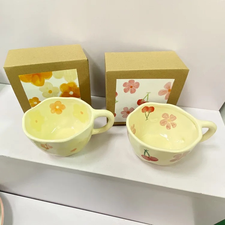 2023 ins Korean style milk yellow hand pinch irregular ceramic hand-painted cup ceramic coffee cup breakfast cup