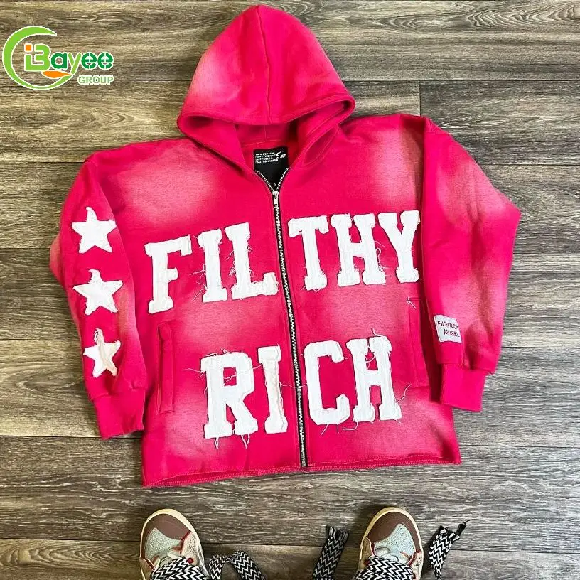 Custom Washed Distressed Hoodies Sun Faded Cut And Sew Zipup Hoodie Cropped Acid Wash Zip Up Embroidery Hoodie