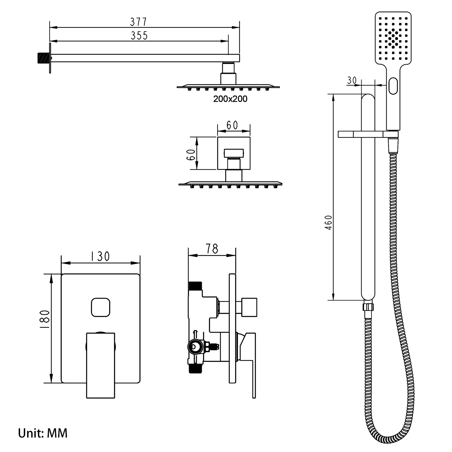 Pressure balance valve concealed stainless steel bathroom shower set with lifting rod