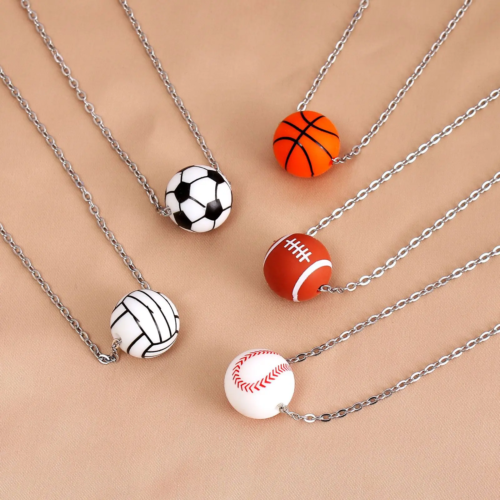 NUORO Sports Ball Jewelry Waxed Rope Stainless Steel Chain Silicone Basketball Soccer Baseball Rugby Volleyball Pendant Necklace