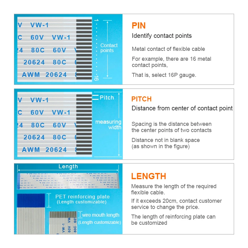 1mm pitch 16 pin 200mm long AWM 20624 80C 60V VW-1  same side contact A type flat ribbon ffc cable