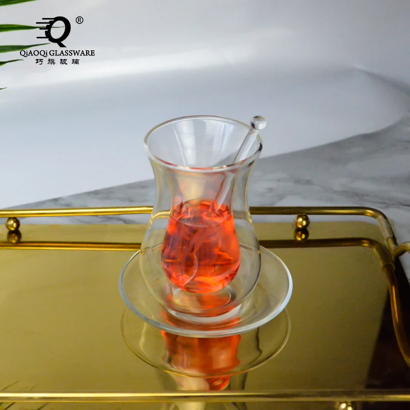 Wholesale Handmade double-layer glass Turkish black tea cup home coffee cup set glass spoon stirring tea cup
