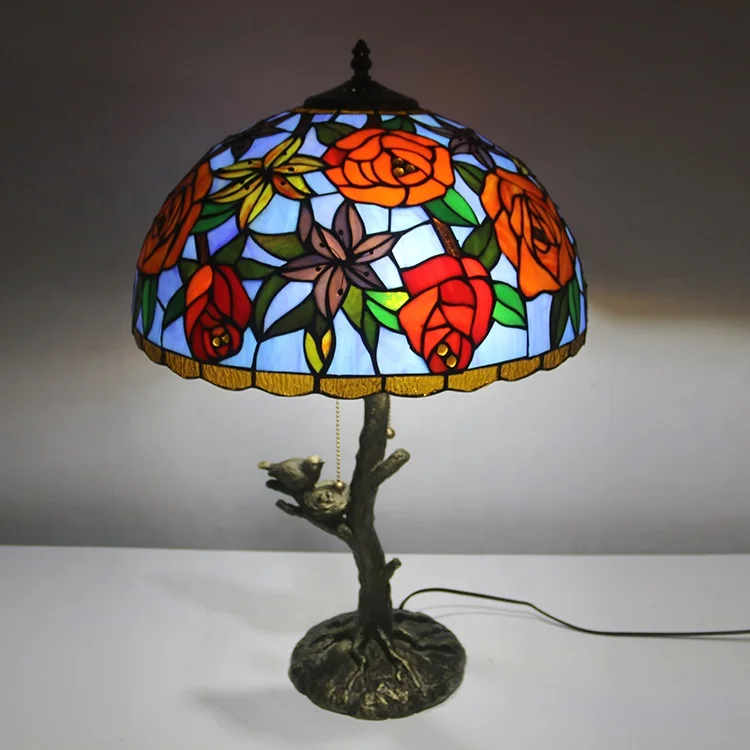 LongHuiJing Tiffany Style Stained Glass Lampshade Desk Lamps Rose Pattern Table Lamps With Antique Base