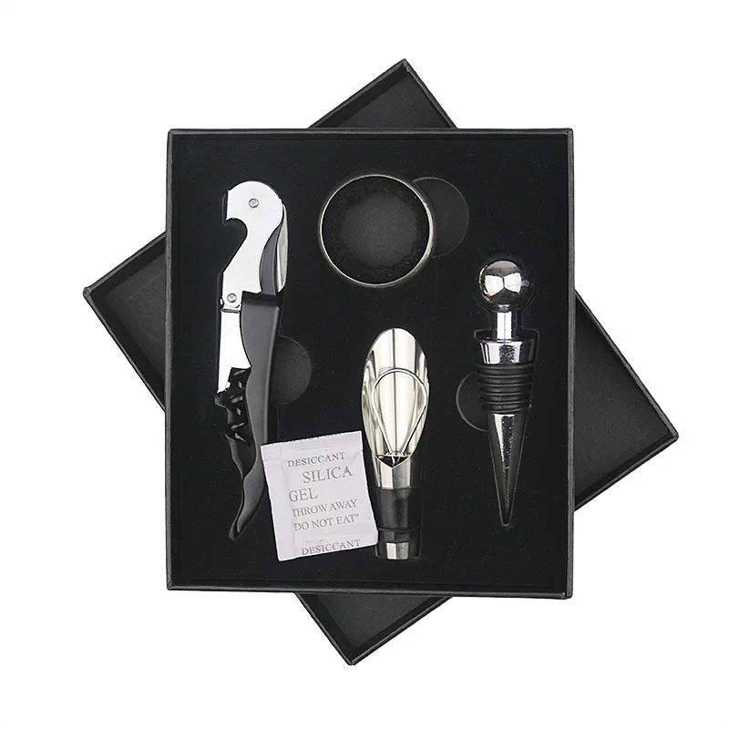Professional Corkscrew Pourer Set Black Gift Box Set 4 Pcs Stainless Steel Red Wine Opener Tool Set Cork Waiters Corkscrew Kit