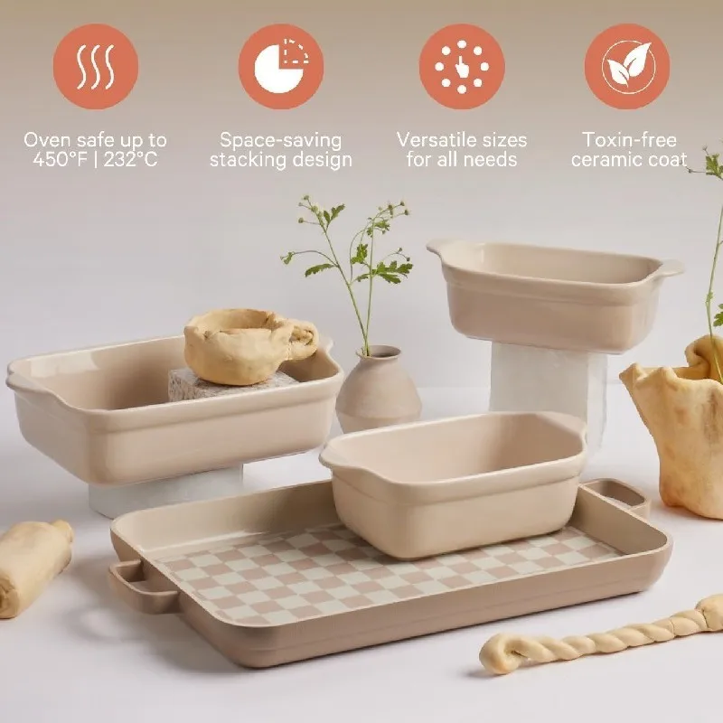 Ceramic Bakeware Set 4-Piece Stoneware Bakers Set with Oven Pan Bake Roast Griddle Baking Dish for Cooking Gift for Friends