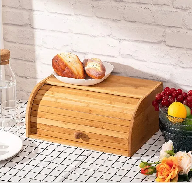 Large Capacity Bamboo Bread Box Roll Top and Removable Layer Food Storage Container Bamboo Storage Holder