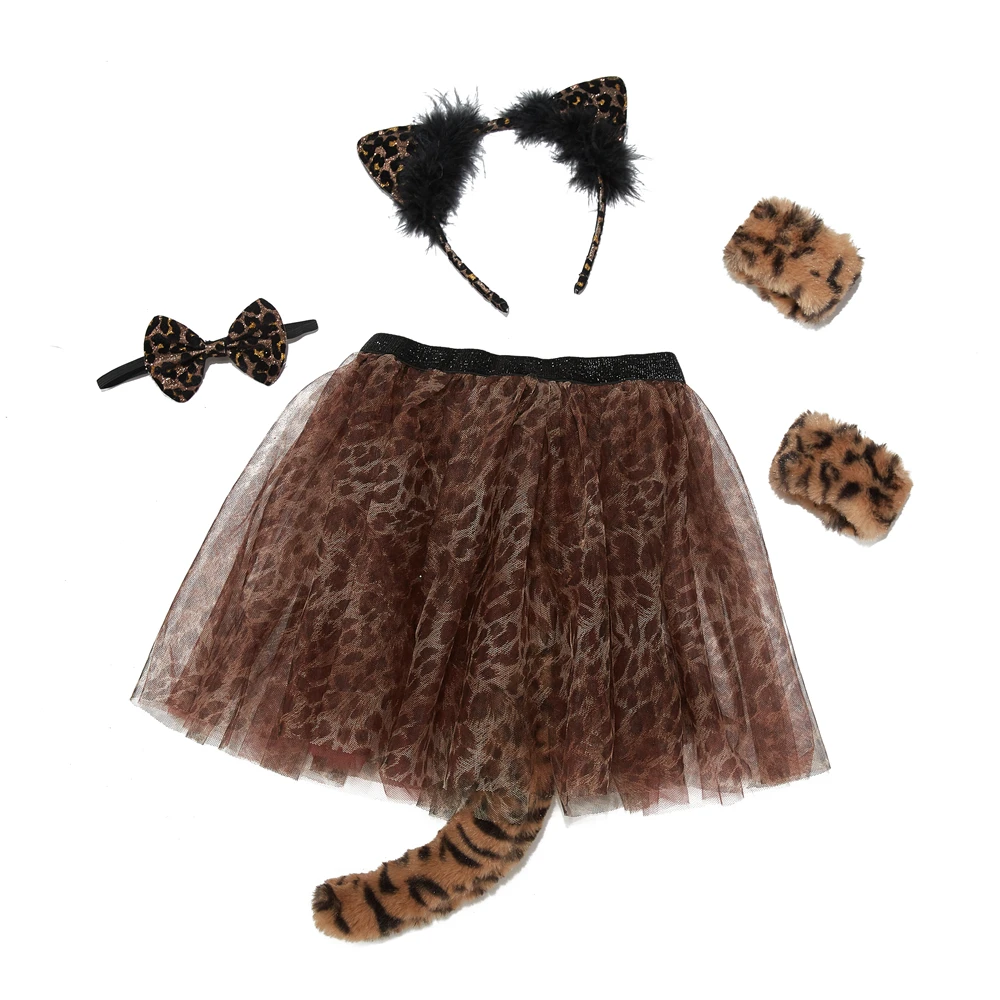 custom personalized Leopard cosplay  tutu skirt set with long tail and wristband and bow tie ear headband Leopard Print skirt co