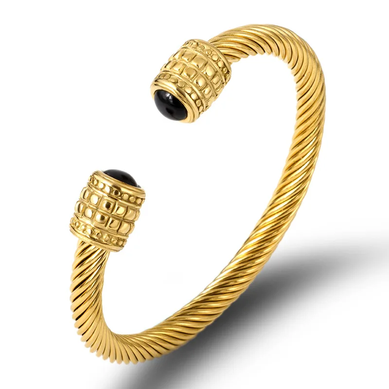 Gold Plated Stainless Steel Tennis Open Expandable Twisted Cable Wire Cuff Bracelet Bangle