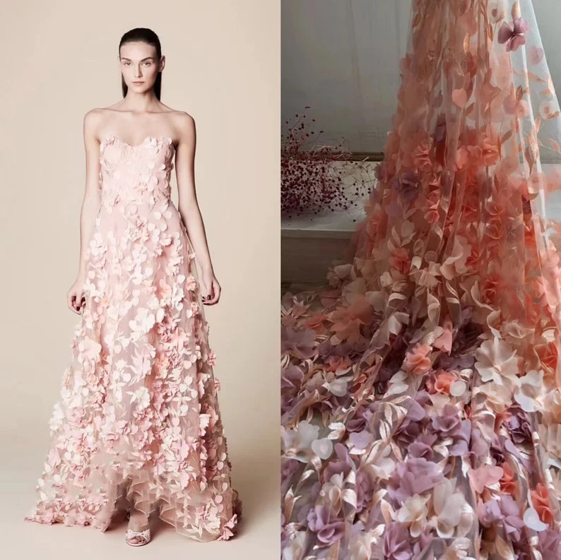 Peach Pink Soft 3D Chiffon Flower Lace Fabric 3D Flowers Petals Embroidery Bridal Tulle Lace Fabric For Wedding Dress