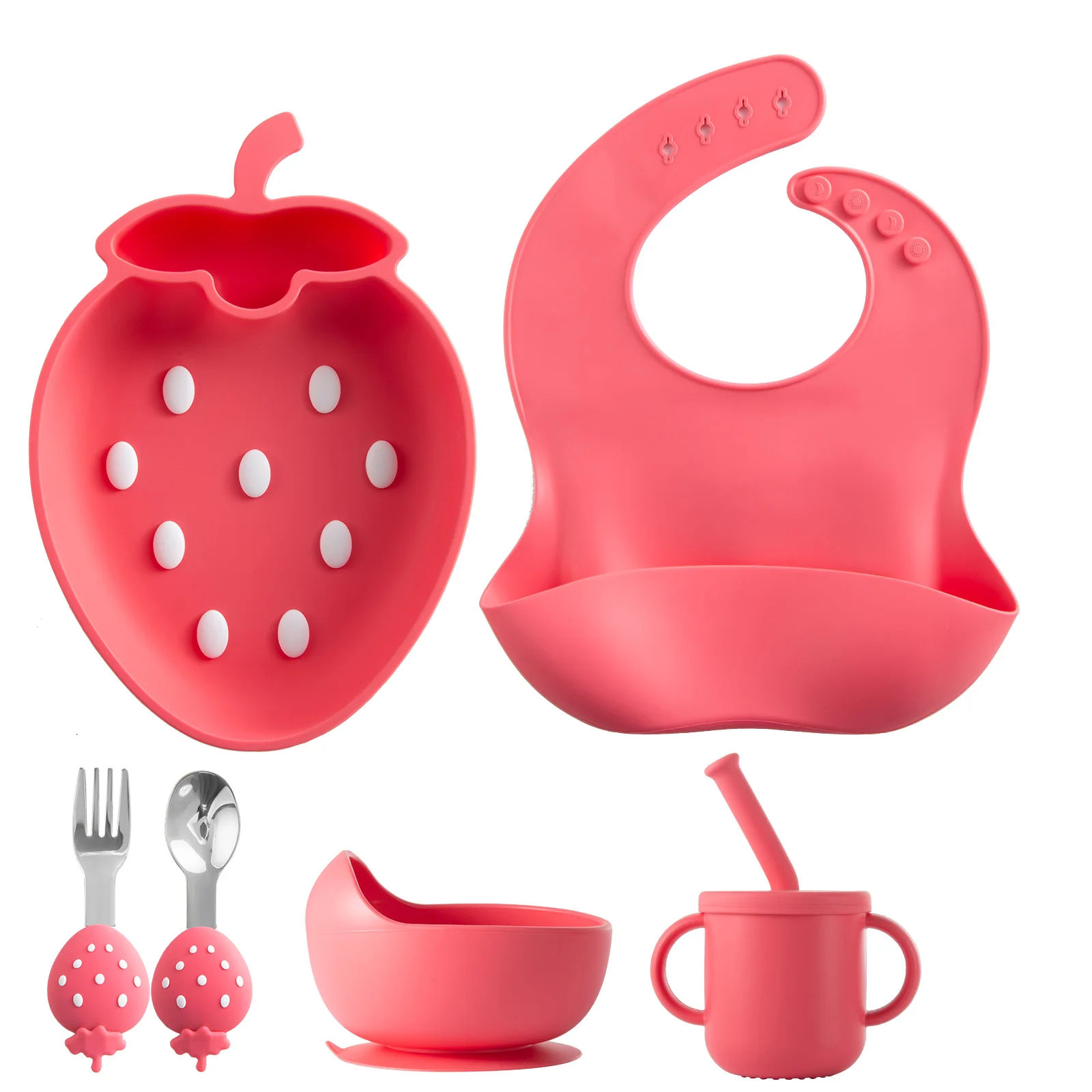 6 pcs Baby Led Weaning Supplies with Suction Baby Plates and Bowls Set Infant Spoon and Fork Bibs Cup Silicone Baby Feeding Set
