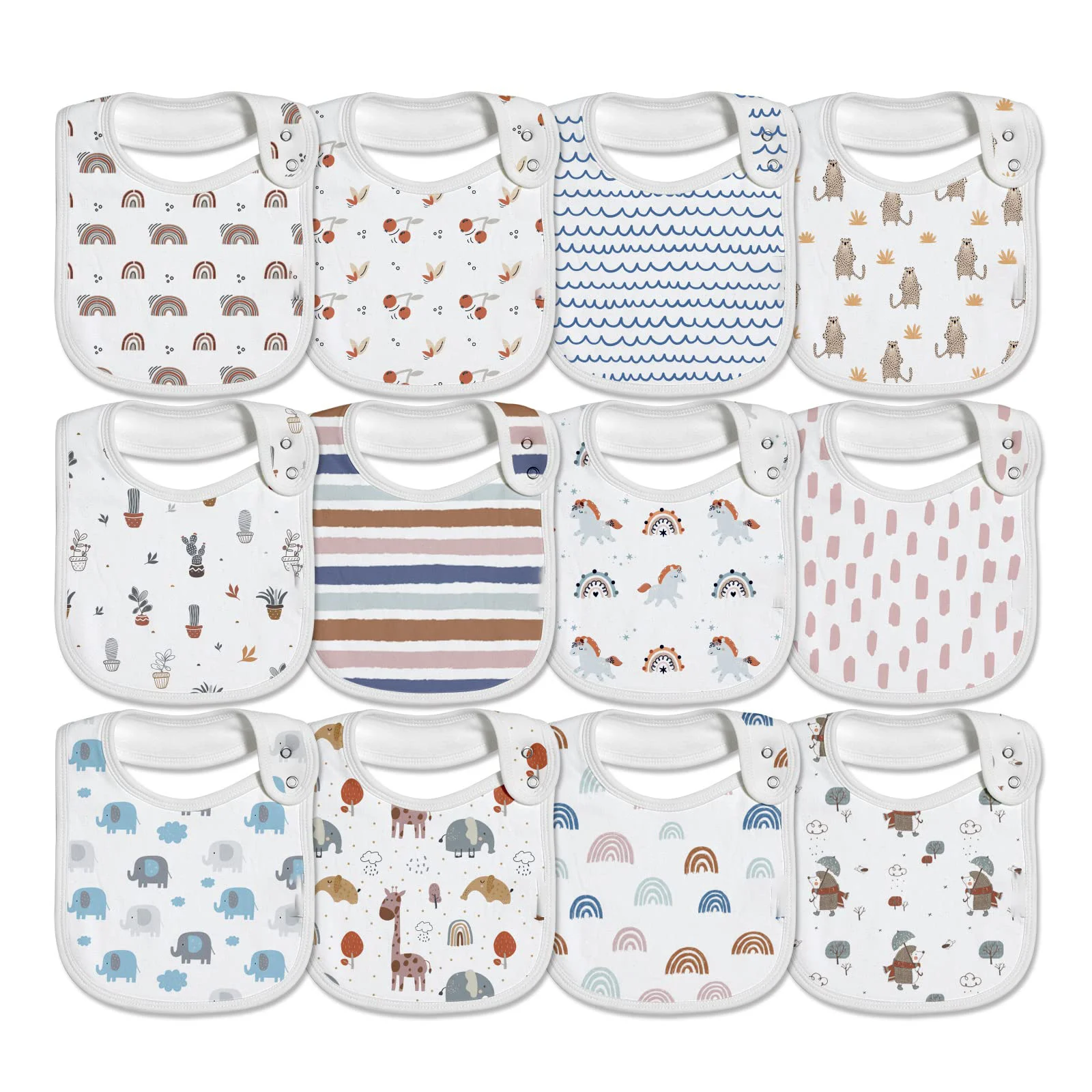 Baby Snap Bibs for Boys & Girls,12 Pack Drooling Bibs for Infants, Newborns, Organic Cotton,Adjustable,Machine Washable
