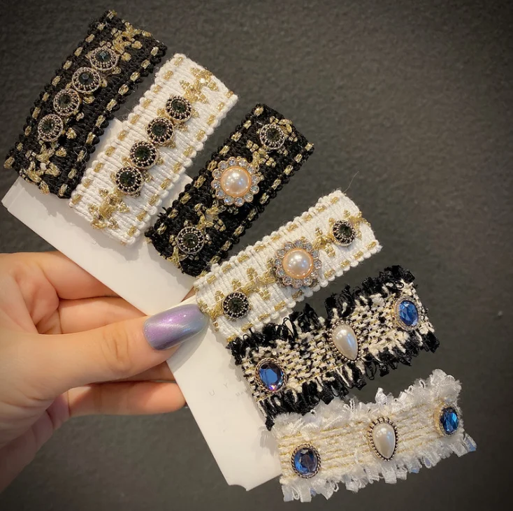
Custom adults rectangle rhinestone hair clips wholesale women stylish knit snap hair clips 