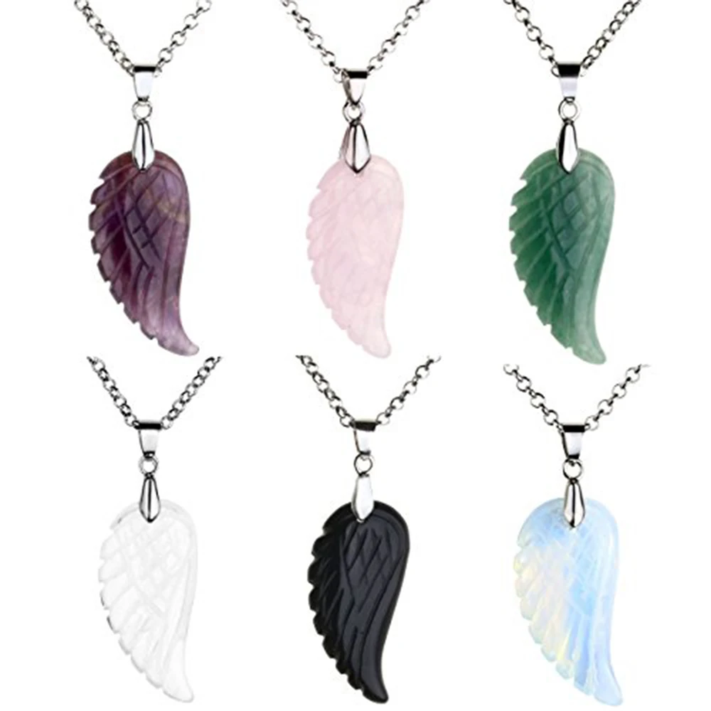 Natural Crystal Quartz Gemstones Chakra Reiki Healing Angel Wings Carved Stone Pendant Necklace